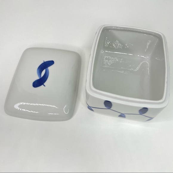 Vtg 60's Mid Century Lyngby Porcelain Denmark Blue White Butter Box Sauce Set - Picture 8 of 11